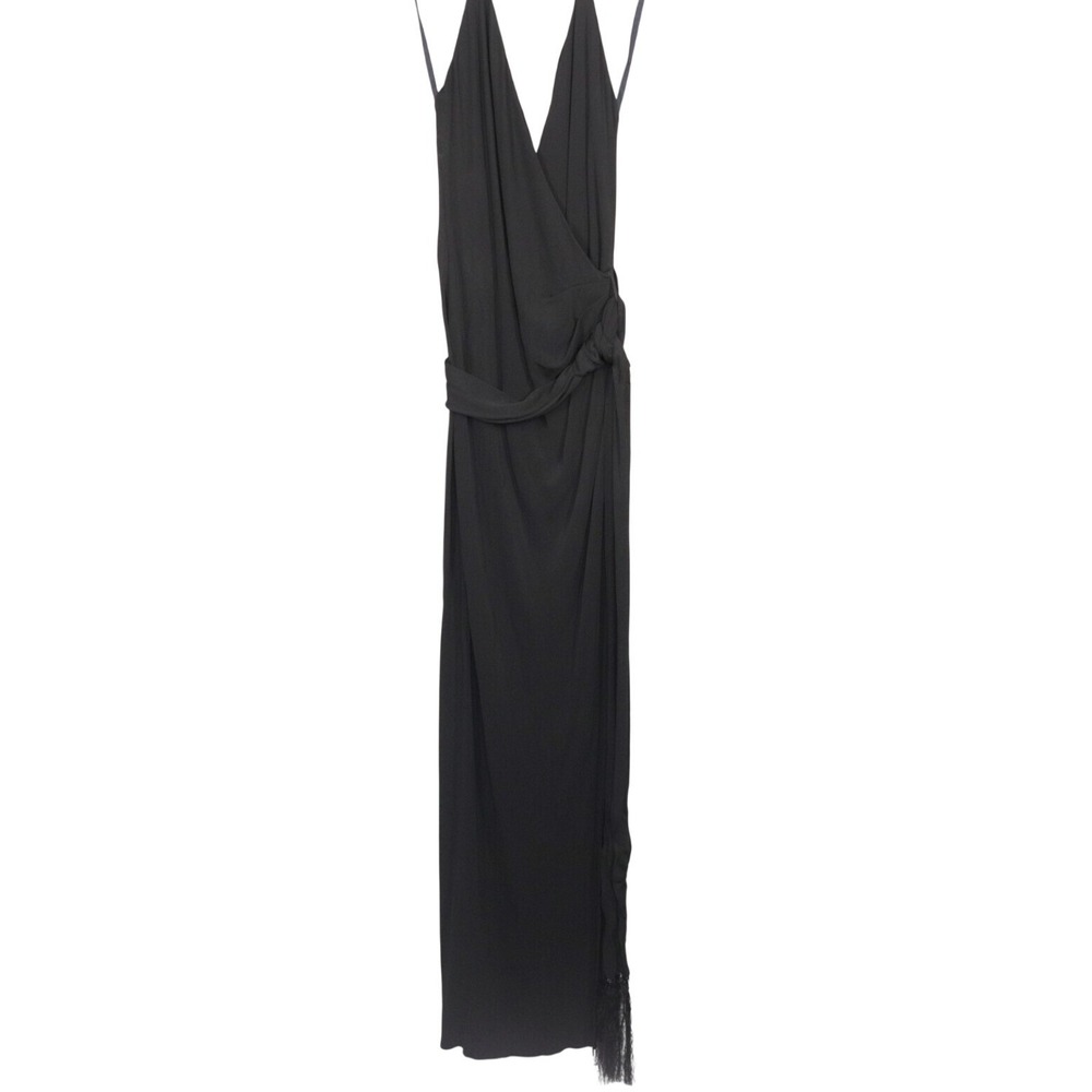 L Agence Halter Gown Womens Size 4 Black Sabrina Open Back Fringe Belt Side Slit